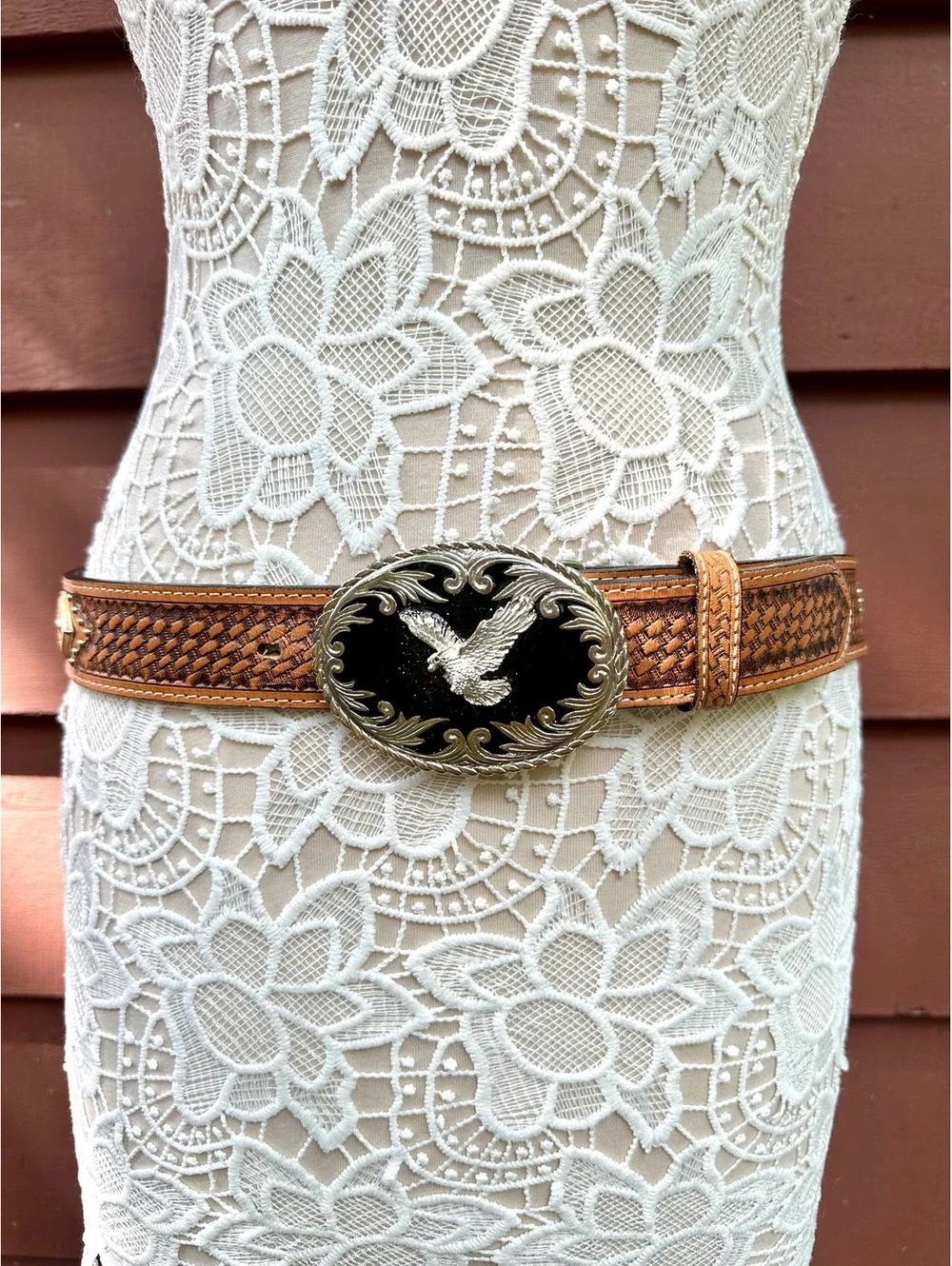 Western Style Tooled Leather Belt With Silver Eagle Buckle